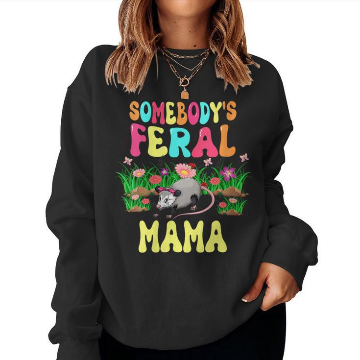 Somebodys Feral Mama Cute Opossum Bow Tie Flowers Animal For Mama Women Sweatshirt