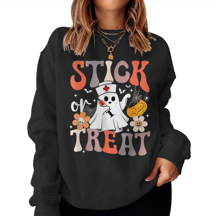 Stick Or Treat Ghost Nurse Halloween Crna Emergency Er Nurse Women Sweatshirt