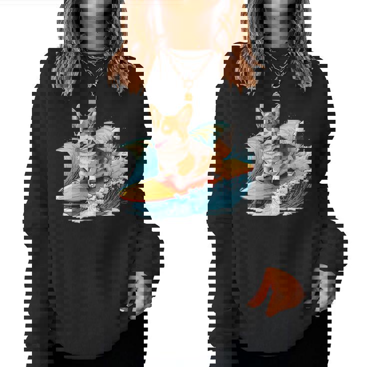 Surfing Corgi On A Surfboard On A Wave Surf Beach Women Sweatshirt