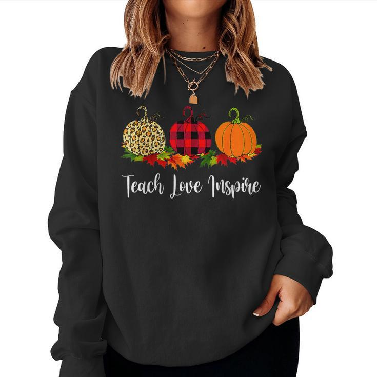 Teach Love Inspire Teacher Autumn Fall Pumpkin Leopard Women Sweatshirt