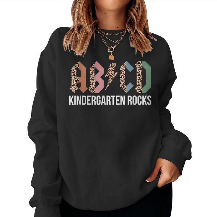 Teachers Abcd Rock Kindergarten Rocks Leopard Back To School Women Crewneck Graphic Sweatshirt