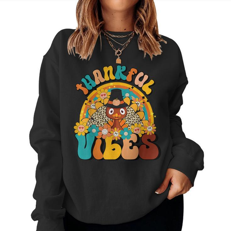 Thankful Vibes Turkey Rainbow Retro Thanksgiving Women Women Sweatshirt