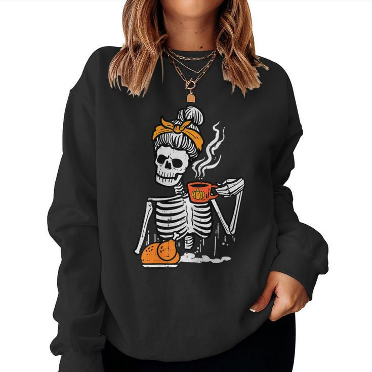 Thanksgiving Skeleton Messy Bun Pumpkin Coffee Girls Women Sweatshirt