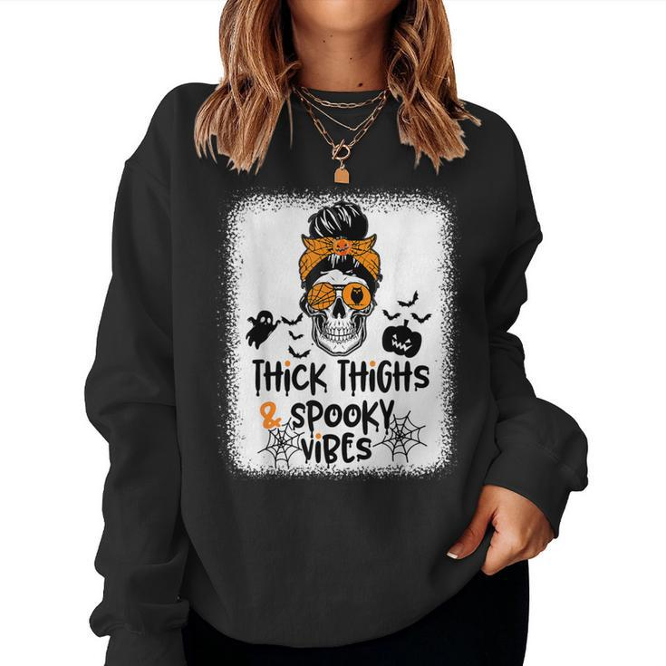 Thick Thighs And Spooky Vibes Messy Bun Girl Halloween Women Sweatshirt