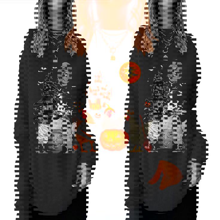 Three Chickens Halloween Mummy Scary Witch With Pumpkins Women Sweatshirt