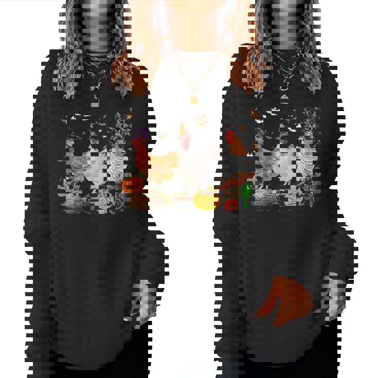 Three Chickens Halloween Mummy Witch Scary Pumpkins Farmer Women Sweatshirt