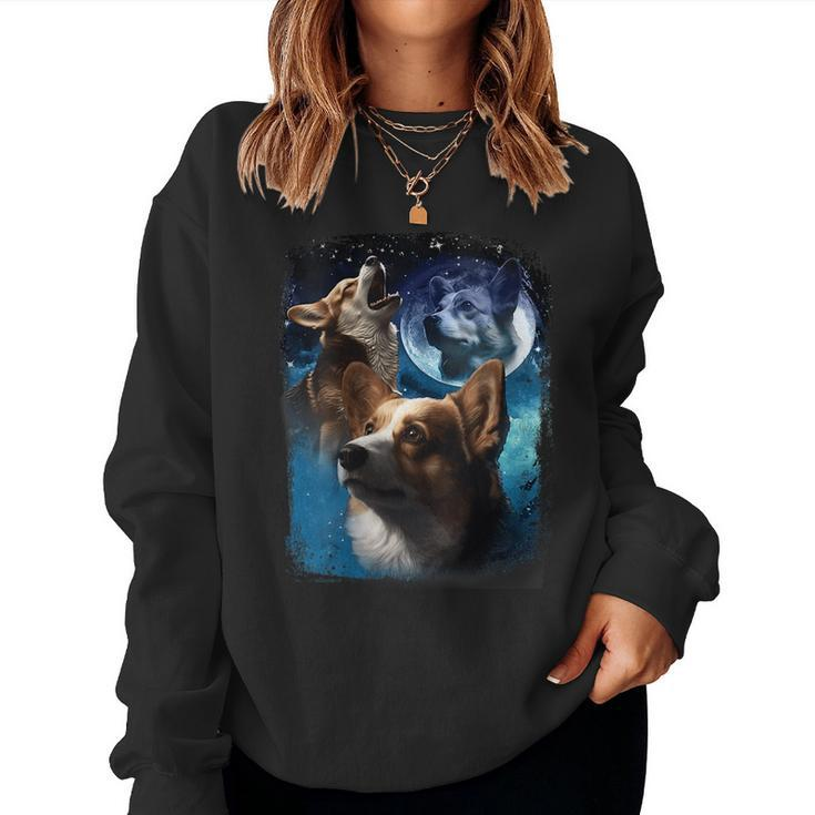 Three Corgis Howl At Moon Corgi Vintage Wolves Meme Women Sweatshirt