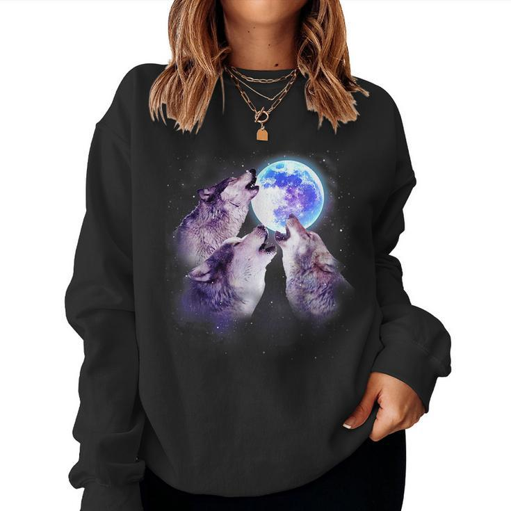 Three Grey Wolf Howling At The Moon 3 Wolves Space Galaxy Women Sweatshirt