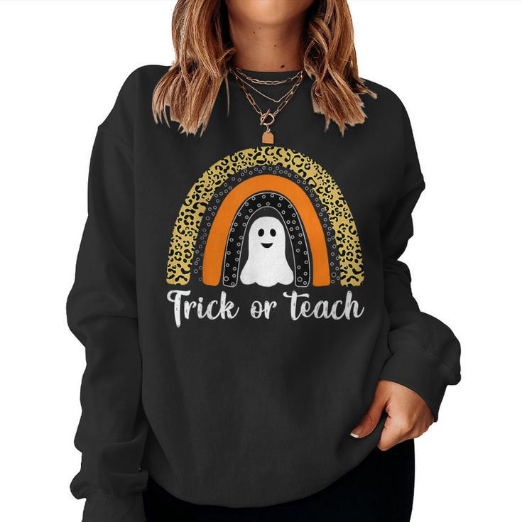 Trick Or Teach Leopard Rainbow Ghost Halloween Teacher Women Sweatshirt
