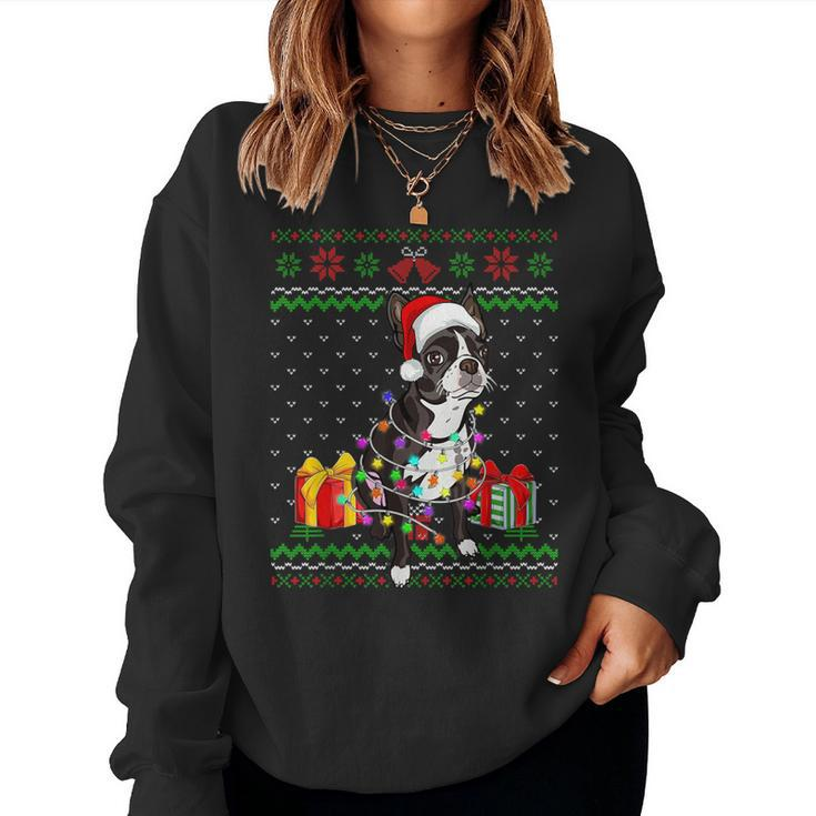Ugly Sweater Christmas Lights Boston Terrier Dog Lover Women Sweatshirt