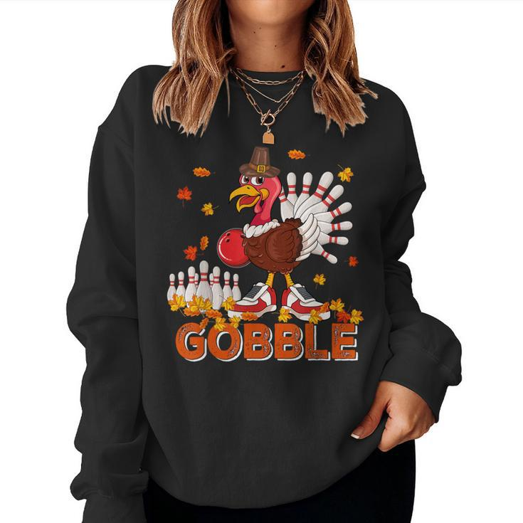 Vintage Gobble Thanksgiving Turkey Playing Bowling Player Women Sweatshirt