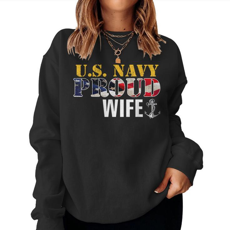 Vintage Navy Proud Wife With US American Flag Women Sweatshirt