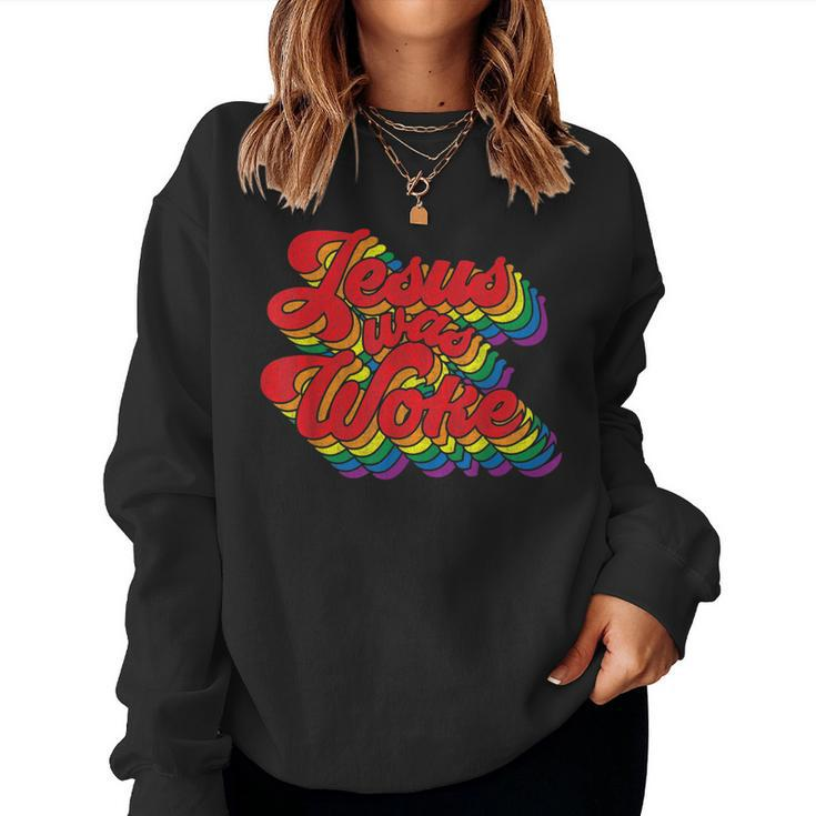 Vintage Retro Christian Ally Pride Rainbow Jesus Was Woke  Women Crewneck Graphic Sweatshirt