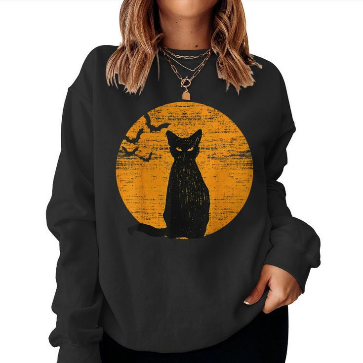 Vintage Scary Halloween Black Cat Costume Retro Moon Cat Mom Women Sweatshirt