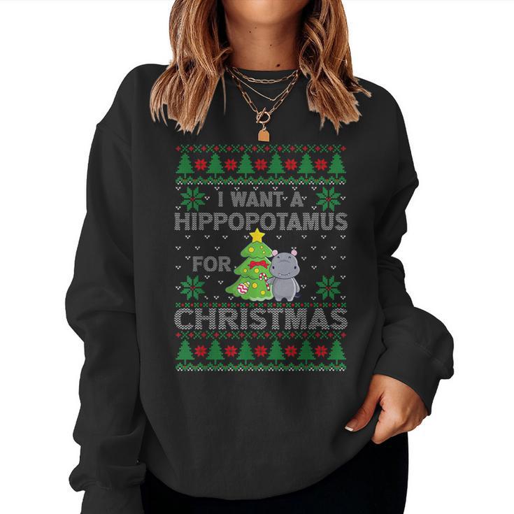 I Want A Hippopotamus For Christmas Xmas Hippo Ugly Sweater Women Sweatshirt Mazezy