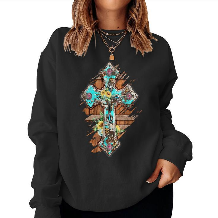 Western Boho Christian Turquoise Leopard Faith Cross Jesus Faith Women Sweatshirt