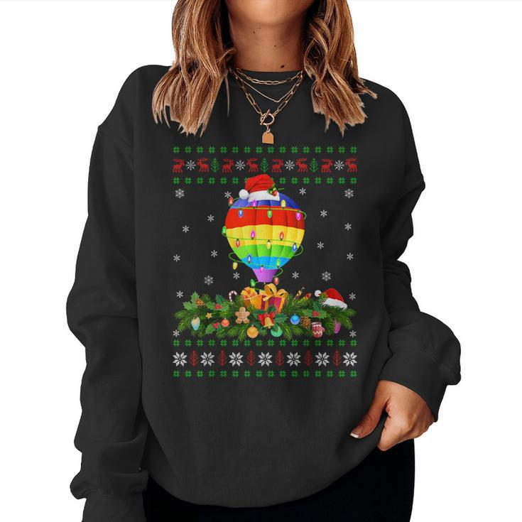 Xmas Lighting Tree Santa Ugly Hot Air Balloon Christmas Women Sweatshirt