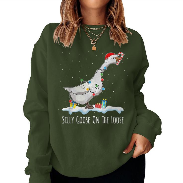 Cute Santa Duck Silly Goose On The Loose Christmas Women Sweatshirt