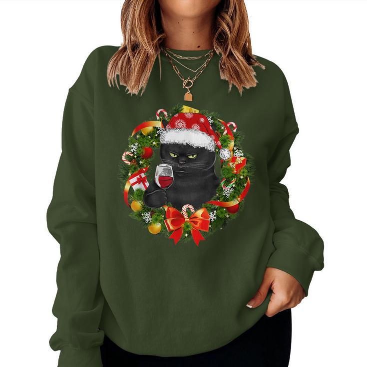 Black Cat And Wine Christmas Wreath Ornament Women Sweatshirt