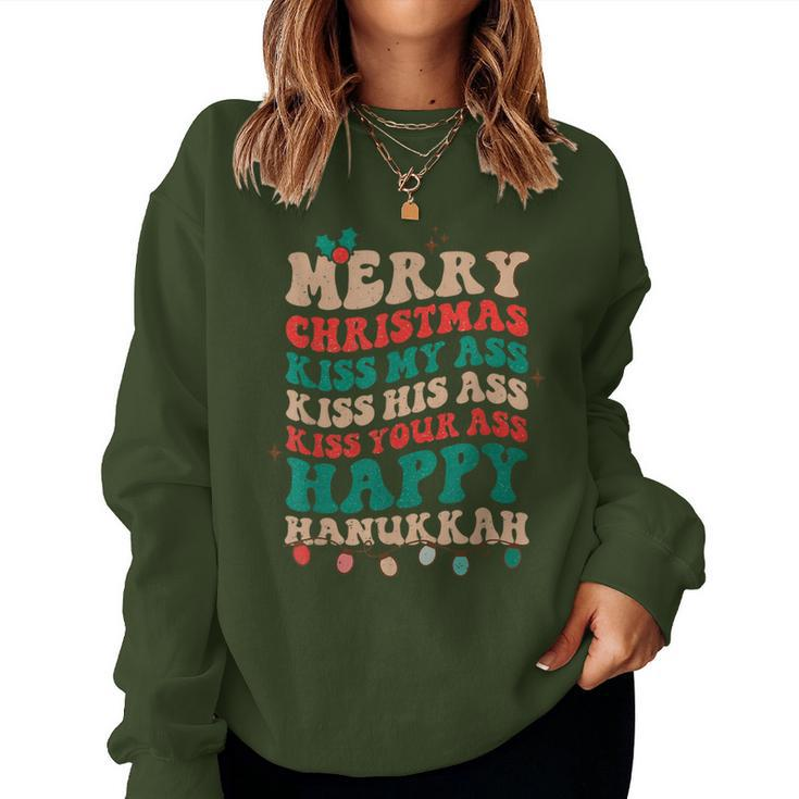 Merry Christmas Kiss My Ass Happy Hanukkah Groovy Xmas Women Sweatshirt