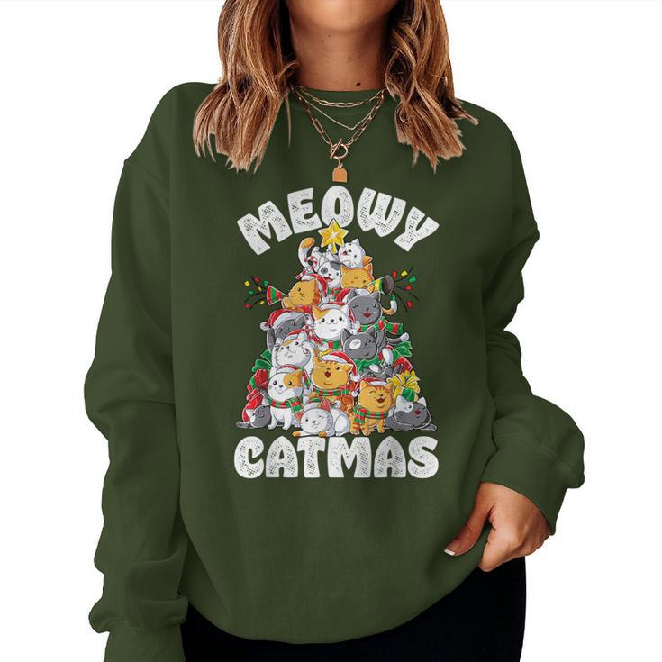 Meowy Catmas Cat Christmas Tree Xmas Girls Boys Santa Short Sleeve Women Sweatshirt