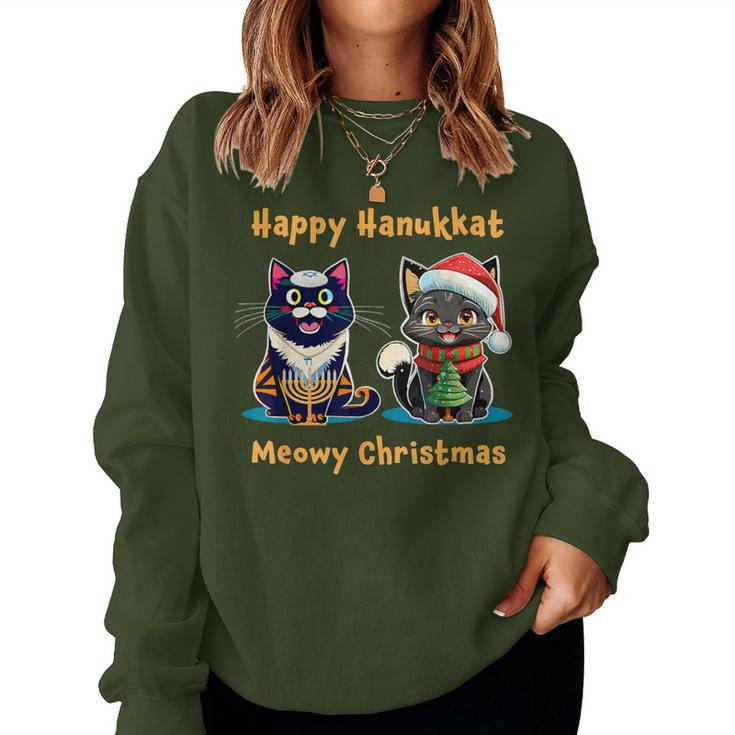 Merry Christmas Happy Hanukkah Jewish Christian Cat Lovers Women Sweatshirt