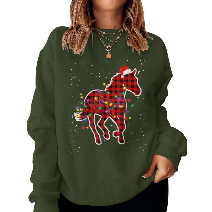 Red Buffalo Plaid Horse Christmas Pajamas Xmas Lights Family Women Sweatshirt
