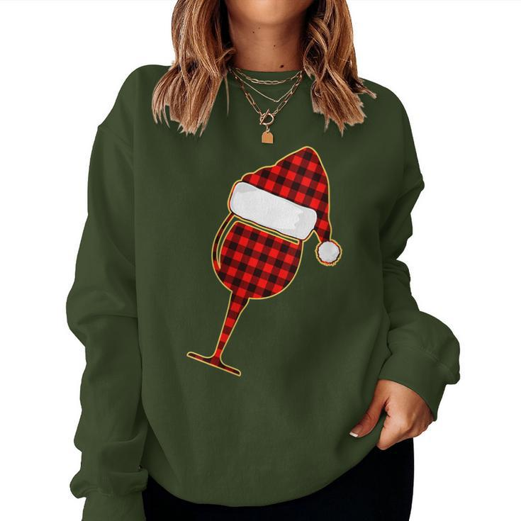 Red Plaid Wine Cup And Christmas Santa Hat Women Sweatshirt