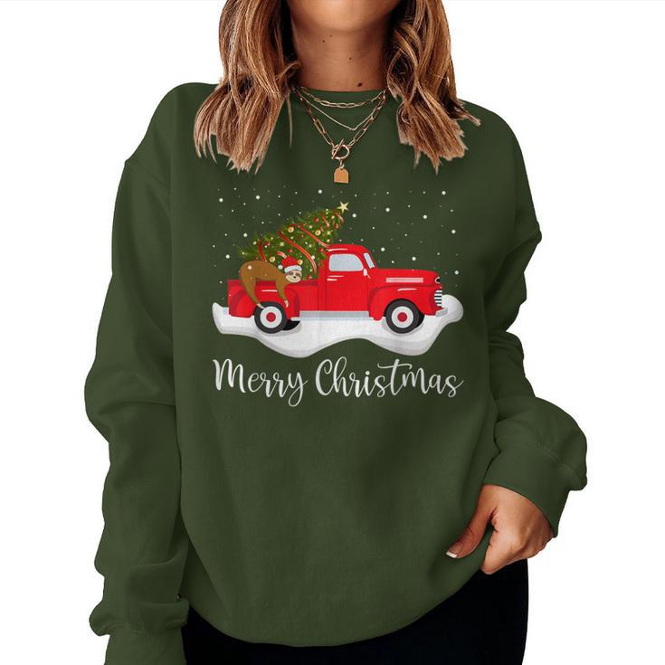 Red Truck Merry Christmas Tree Sloth Christmas Women Sweatshirt