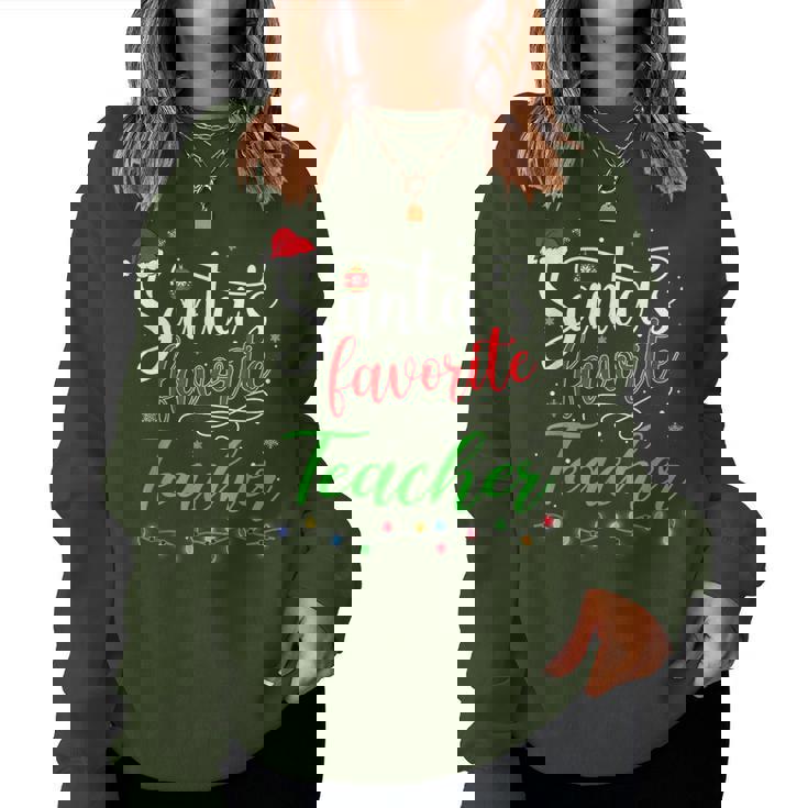 Santas Favorite Teacher Christmas Santa Hat Light Women Sweatshirt