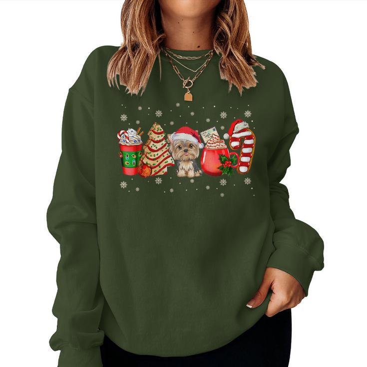 Yorkie Dog Christmas Pajamas Coffee Latte Xmas Tree Women Sweatshirt
