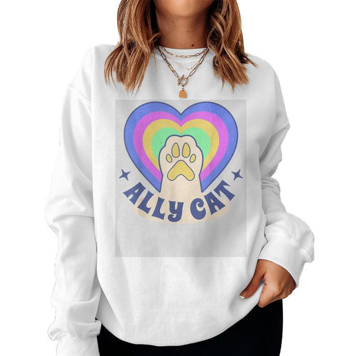 Ally Cat Lgbt Gay Pride Month 2023 Lgbtq Rainbow Heart Paw Women Sweatshirt