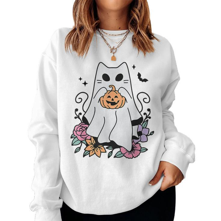 Cat Ghosts Boo Halloween Retro Pumpkin Floral Flowers Women Sweatshirt