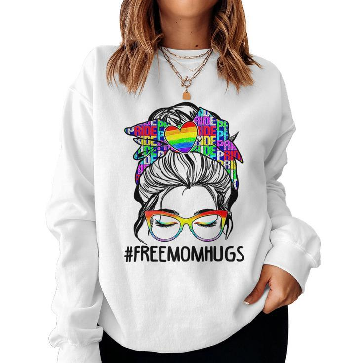 Free Mom Hugs Messy Bun Lgbt Pride Rainbow Women Sweatshirt