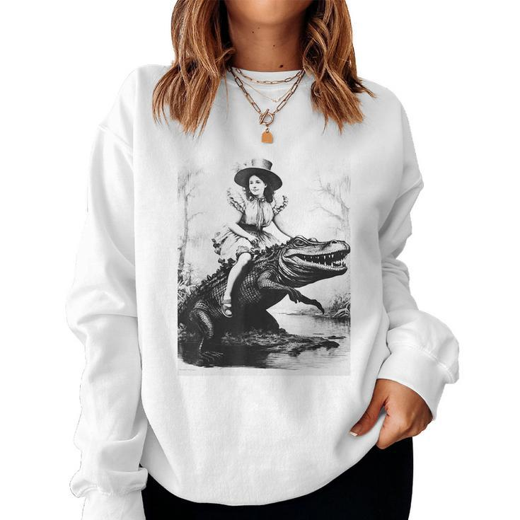 Girl Riding Alligator | Weird Funny Florida Crocodile Meme  Women Crewneck Graphic Sweatshirt