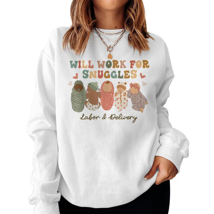 Groovy Will Work For Snuggles Labor & Delivery Nurse  Women Crewneck Graphic Sweatshirt