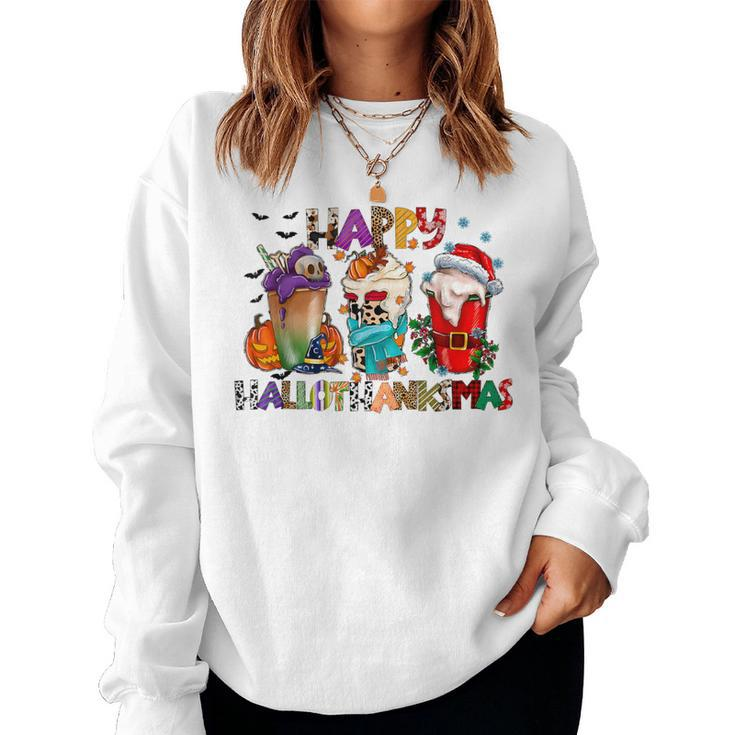 Happy Hallothanksmas Merry Christmas Thanksgiving Halloween Women Sweatshirt