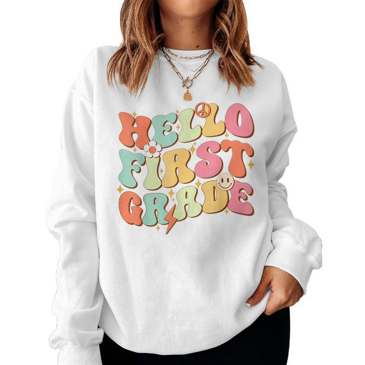 Hello First Grade Retro Groovy Team 1St Grade Back To School  Women Crewneck Graphic Sweatshirt