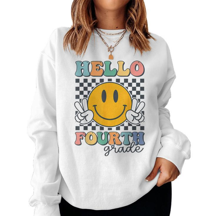 Hello Fourth Grade Retro Smile Team 4Th Grade Back To School  Women Crewneck Graphic Sweatshirt