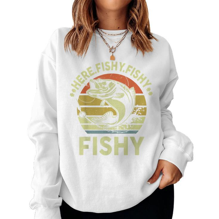 Here-Fishy Fathers Day Dad Papa Kids Boy Women Funny Fishing Women Crewneck Graphic Sweatshirt