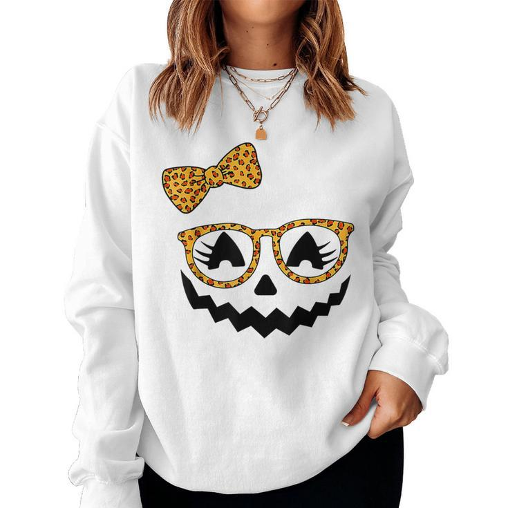 Jack O Lantern Face Leopard Glasses Halloween Pumpkin Women Sweatshirt