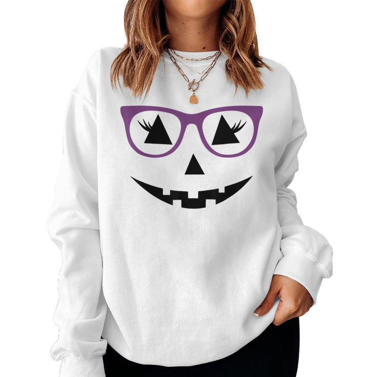 Jack O Lantern Pumpkin Face Glasses Halloween Girls Women Sweatshirt