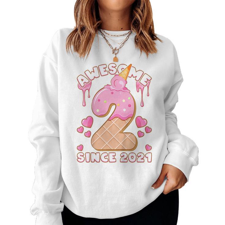 Kids Birthday Girl 2 Years Old Ice Cream Awesome Since 2021  Women Crewneck Graphic Sweatshirt