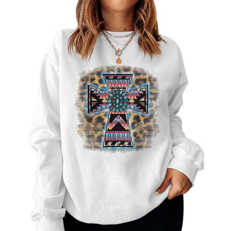 Leopard Turquoise Aztec Faith Cross Cowgirl Boho Rodeo Girl Faith Women Sweatshirt