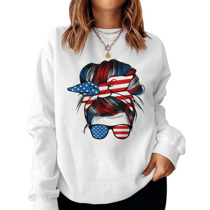 Messy Bun American Flag Glasses 4Th Of July Patriotic Mom Women Sweatshirt