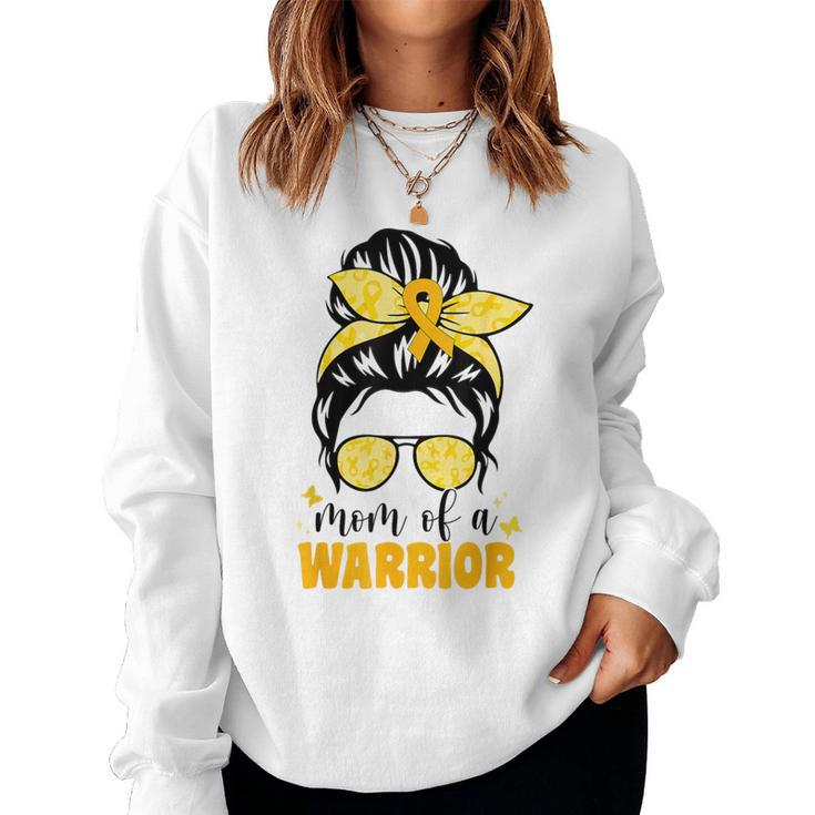 Mom Of A Warrior Childhood Cancer Messy Bun Gold Ribbon Mama Women Sweatshirt