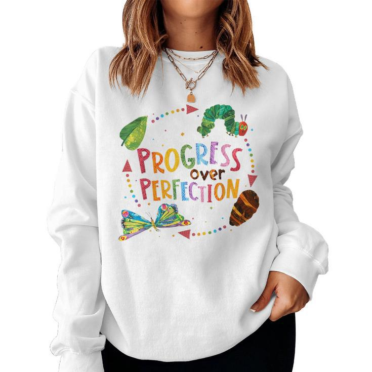 Progress Over Perfection Caterpillar Back To School Teacher  Women Crewneck Graphic Sweatshirt