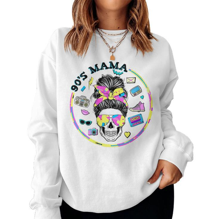 Retro 90S Mama Messy Bun Skull Groovy  Women Sweatshirt