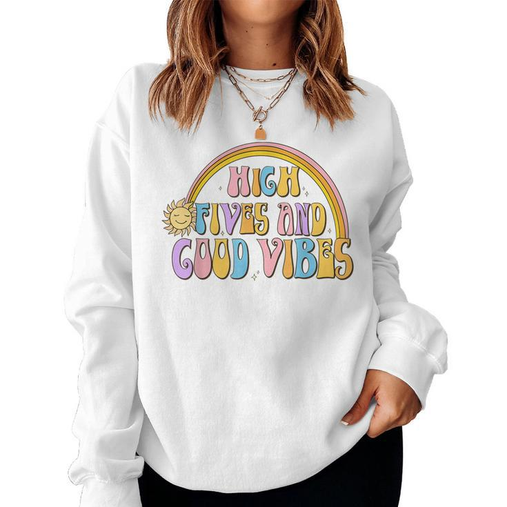 Retro Positive Quotes High Fives And Good Vibes Women Men  Women Crewneck Graphic Sweatshirt
