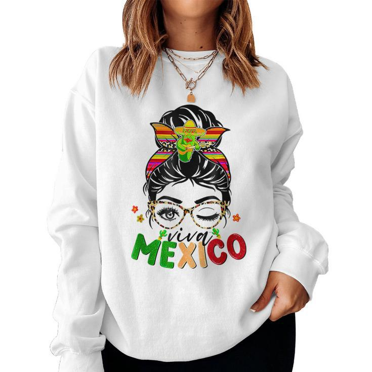 Retro Viva Mexico Messy Bun Mexican Flag Pride Girls Women Sweatshirt